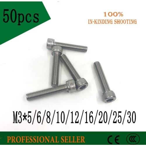 50pcs Hex socket screw M3 *3 4 5 6 8 10 12 16 20 25 30 mm 304 Stainless Steel Hexagon Socket Head Cap Screws Metric Bike Screw