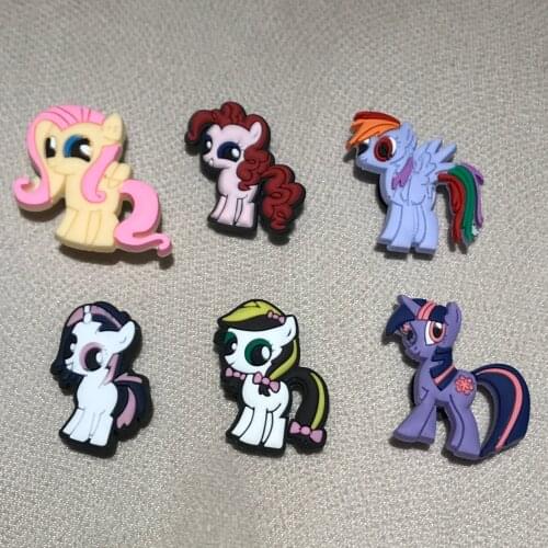 6Pcs/set Cartoon Unicorn My Little Horse Ponys Rainbow PVC Garden Shoe Accessories Shoe Charms Wristband Fit Croc Jibz Kids Gift