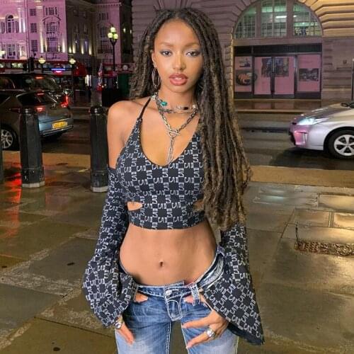 Hollow Out Camis Tops Oversleeve Halter Lace Up Printed Vest Tops Cropped Women Clothes Sexy Summer Camisole Tank Y2k Crop Tops