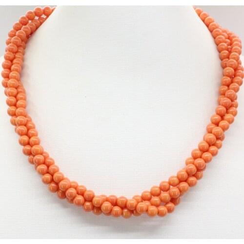 6mm Orange Artificial Coral Round Beads 3 Rows Winding Chain Necklace for Women High Quality Gifts Jewelry 18inch B3184