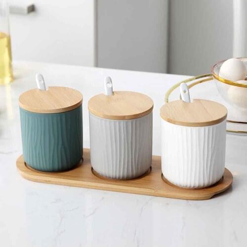 Ceramic Seasoning Jar White Green Gray Condiment Salt Sugar Container Storage Organizer with Wooden Lid for Home Kitchen Storage