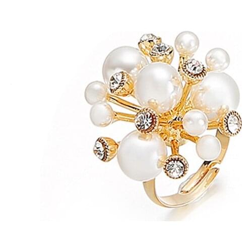 New Fashion Elegant Women Lovely Girls Simulated Pearl Rings with Metal Flower Geometric Balls for Girls Party Jewelry