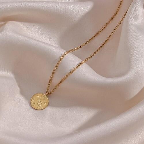 Korean Fashion Jewelry Girls Dreamy Universe Coin Necklace Stainless Steel Anti-allergenic Outer Space Planet Gold Necklace
