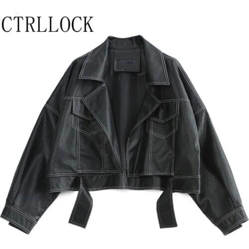 CTRLLOCK Punk Pu Jacket Women Oversized Batwing Sleeve Black Stripes Short Motocycle Jackets Outerwears
