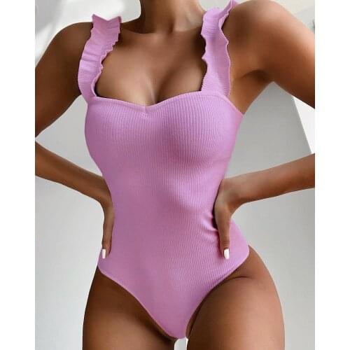 Melphieer 2021 Ribbed Ruffle One piece Swimsuit Female Solid Swimwear Thong Sexy Swimming Bathing Suit For Women Brand Original