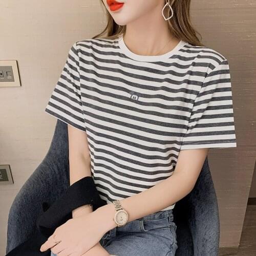 Fashion new O collar stripe T Shirt Women Harajuku Tshirt Short Sleeve Streetwear Ladies 2021 Summer Female T-shirt