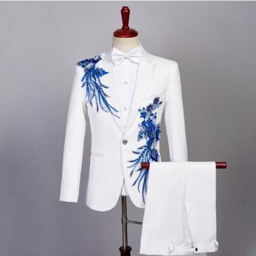 Blazer men formal dress latest coat pant designs Sequin suit men terno masculino trouser wedding suits mens singer stage white