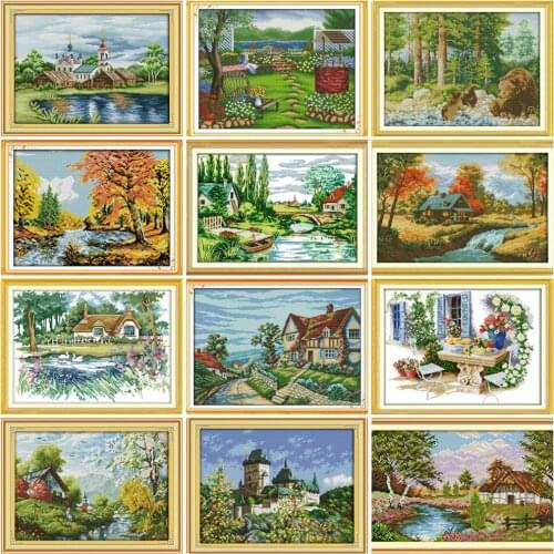 HUACAN DIY Embroidery Scenery Sets White Canvas Cross Stitch Landscape Kits Home Decoration 11CT 14CT Needlework Gift