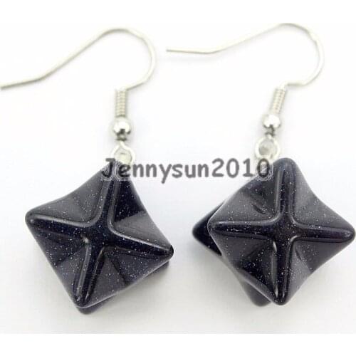 Natural Blue Sand Gems Stone Merkaba Healing Reiki Chakra Pendant Silver Plated Hook Earrings Set 5 Pairs/Pack