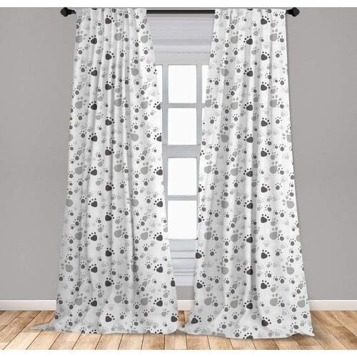 Grey Window Curtains with Random Footprints Paw Traces Pet Legs Friendly Cats and Dogs Window Drapes with Rod Pocket