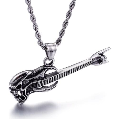 Retro Punk Skull Guitar Pendant Necklace for Women and Men Hip Hop Stainless Steel Jewelry Necklace