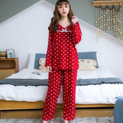 Plus size pajamas loose spring and autumn ladies long-sleeved thin cotton suit Korean casual home service red sexy nightware