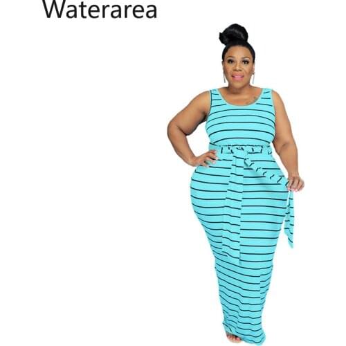 Waterarea Women Plus Size Dress Classic Striped Hot Style Round Neck Belted Dress Floor-Length Sexy & Club