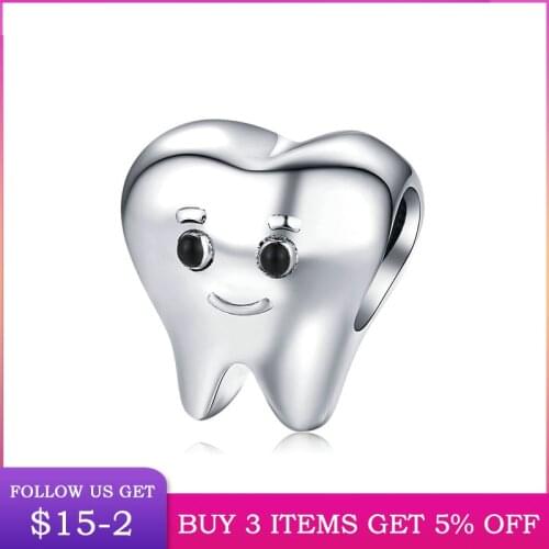LByzHan Genuine 925 Sterling Silver Lovely Tooth Metal Charm for Silver Snake Bracelet Bijoux Cute Baby Dentist Bijoux C1401