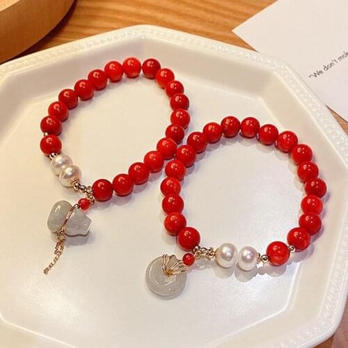 Fresh and sweet pearl red cinnabar bracelet lucky transfer safe buckle wrist bracelets for wome handmade round baubles bracelets