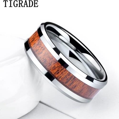 TIGRADE 6mm 8mm Wood Inlay Tungsten Carbide Ring Men Silver Color Wedding Band Engagement Rings Wooden Male Comfort Size14