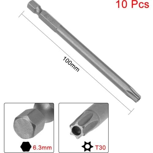 UXCELL Newest 10pcs 1/4" 100mm Hex Shank T30 Magnetic Torx Head Security Screwdriver Bits S2 High Alloy Steel