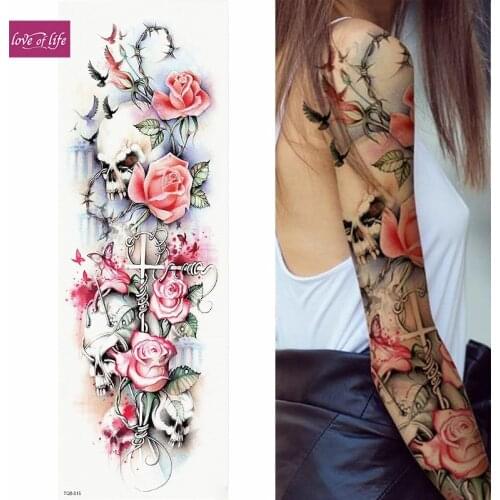 1 Piece Temporary Tattoo Sticker Cross Skull Roses Pattern Full Flower Tattoo with Arm Body Art Big Large Fake Tattoo
