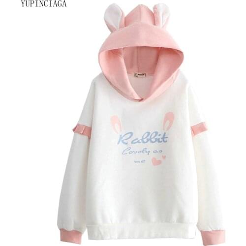 Womens Harajuku Letter Print Cute Hoodies With Horns Cotton Hooded Stitching Loose Simple Plus Velvet Girl Sweatshirt