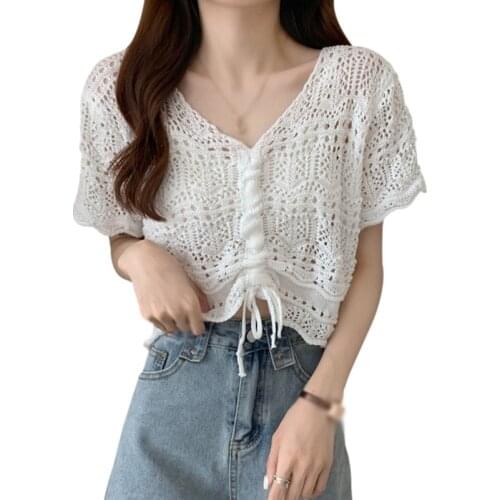 Female Summer Thin Draw Rope Tshirt Hollowing Sunscreen Shirt Short-sleeved Tee Shirt