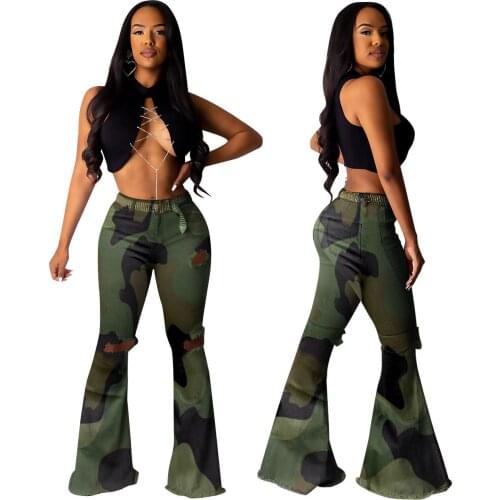 2021 Summer New Womens Trousers Denim Ripped Flared Trousers High Stretch Fabric