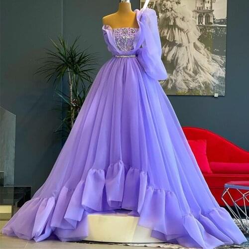 2021 Purple Evening Dresses Crystal Tulle A Line Beading Belt Women Prom Dress Long Sleeves Red Carpet Gowns