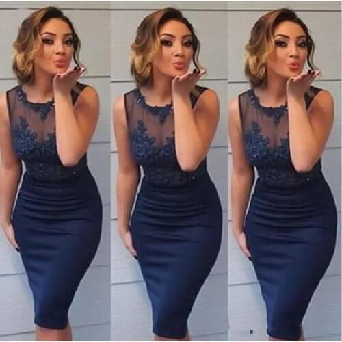 Blue Cocktail Dresses Sheath Scoop Appliques Lace Beaded Knee Length See Through Homecoming Dresses