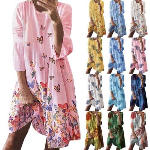 Womens Basic Dress Loose Comfortable Round Neck Casual Dress Butterfly/leaf Sleeve Print Midi Dress Homewear High Quality Dress