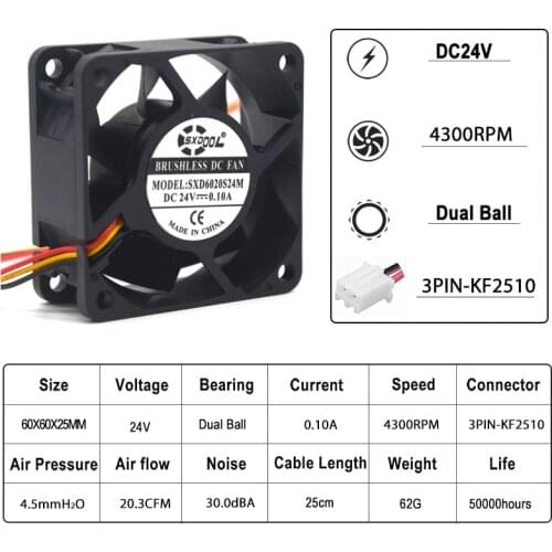 2pcs 6025 DC 24V 0.10A 4300RPM 2Pin 6cm 60mm x 60mm x 25mm Dual Ball DC Brushless Exhaust server inverter axial Cooling Fan