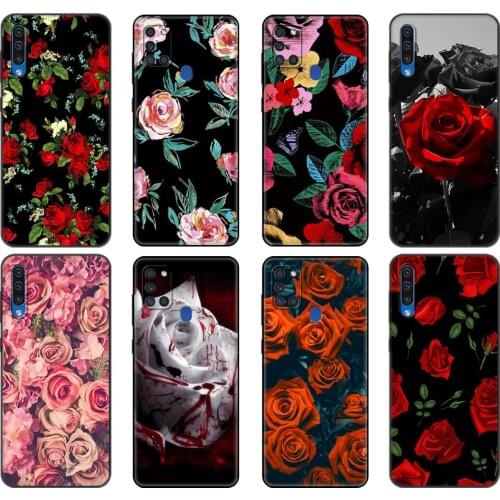 Black tpu Case For Samsung Galaxy A50 50S A30S A10 A01 A11 A21S A31 A41 A51 A71 M21 M30S S10 LITE Cover Dark Rose Flower