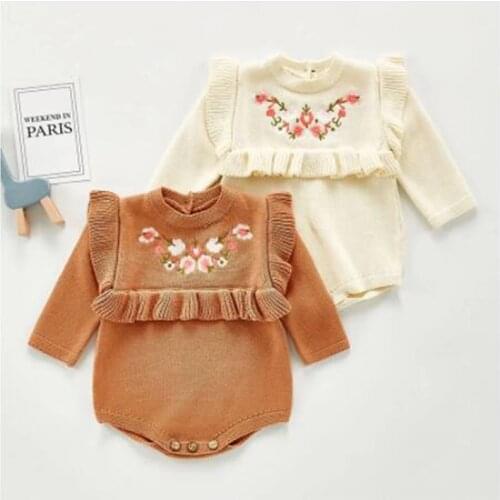 Kids Baby Girl Printing Knit Clothes Rompers 0-3Yrs Spring Autumn Baby Girls Long Sleeve Embroidery Rompers Jumpsuit Clothes