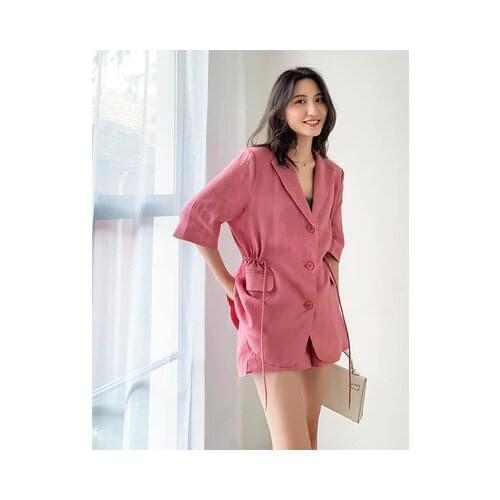 Fashionable cotton and linen suit suit female summer new high-end casual Loose thin pink suit + shorts two-piece suit women