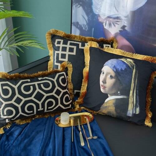 Home Outlet Geometry Cushion Color European Retro Style Soft Velvet Sofa Chiar Luxury Square Pillow Case With Tassels Fall Decor