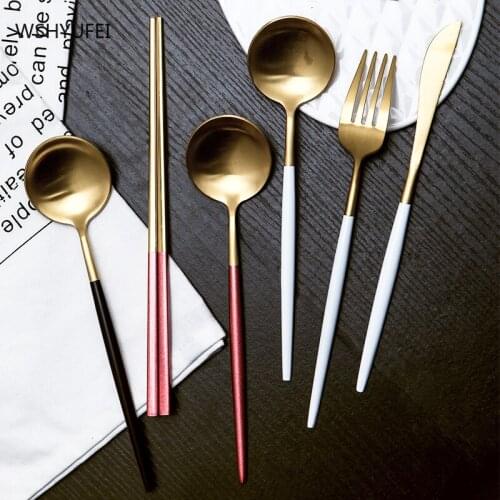 Nordic Three-color Stainless Steel Western Steak Cutlery Chopsticks set Family party gift tableware camping travel kitchen tools