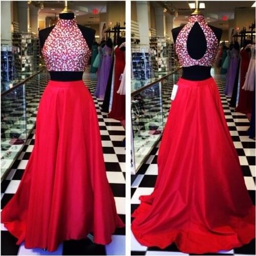 2018 Tulle Cap Sleeve Beading A-line New Real Long Prom Beaded Dress High Neckline Hollow Back Length sexy bridesmaid dresses