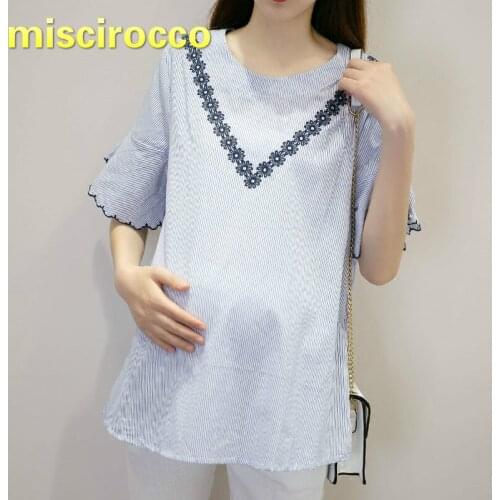 Maternity Clothings Short Sleeved Shirt Cotton Women Top Pregnant Women Stripes Embroidered Maternity Blouses and Tops