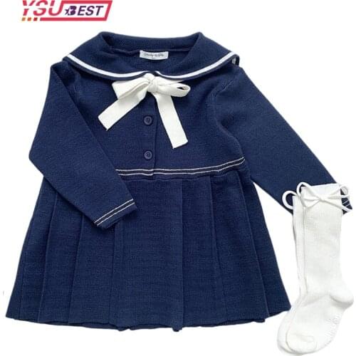 1-5Yrs Autumn Wool Dress Winter Kids Dresses Bow Naval style Girls Dresses Kids Girl Dress Long Sleeve Keep Warm Knitting Dress