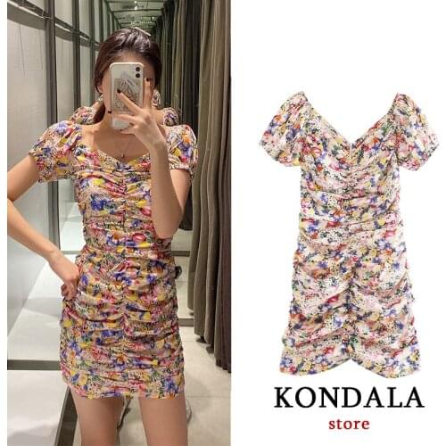 KONDALA Women za dress vintage floral print sexy sheath dress short sleeve square collar mini dresses female draped vestidos