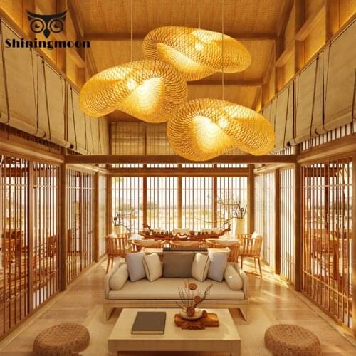 Modern LED Pendant Lights Vintage Home Decor Bamboo Weaving Wooden Pendant Lamp Living Room Restaurant Shop Bar Fixture Decor