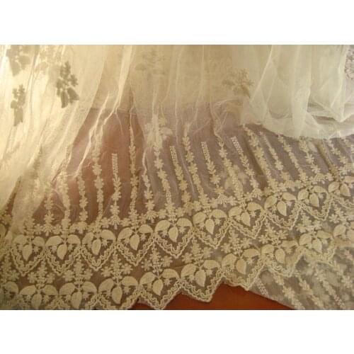 Ivory Lace fabric, Embroidered tulle lace fabric, vintage gauze antique bridal lace curtain sewing supplies, 1 yard