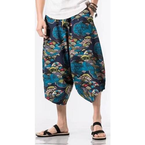 Vintage Printed Men Harem Pants Cotton Streetwear Japanese Style Drop Crotch Trousers Pockets Mens Joggers Baggy Pantalon 5XL