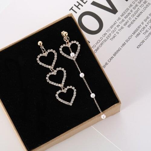 2018 New Korean Charm Pearl Tassel Crystal Love Heart Earrings For Women Fashion Asymmetric Drop Earring Luxury Jewelry
