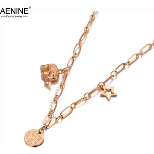 AENINE Fashion Stainless Steel Elephant Star Charm Choker Necklace Bohemia Animal Pendant Chain Link Jewelry For Women AN20050