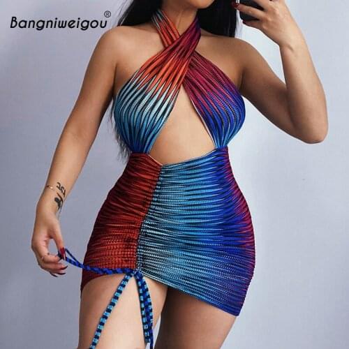Bangniweigou gypsy neon tie-dye halter dress women sexy backless cut out ruched knit bandage dress exotic vacation striped dress