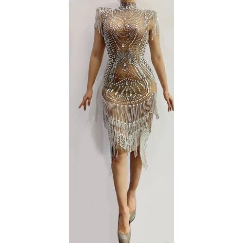Shining Silver Crystals Fringes Transparent Dress Birthday See Through Sexy Rhinestones Chain Outfit Women Singer Evening Dress