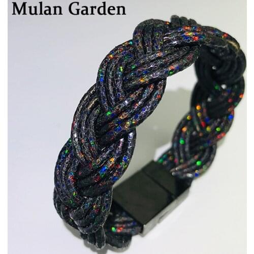 M&G Black Glitter Handmade Weaving PU Leather Bracelets Color Punk Bracelet Women Accessories Jewelry Girl Gift