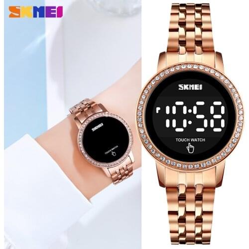SKMEI Digital Womens Watch Touch Screen Rhinestone Ladies Electronic Clock Steel Strap Waterproof Wristwatch Relogio Feminino