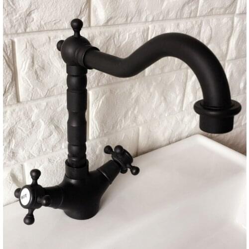 Black Oil Rubbed Brass Dual Cross Handles One Hole Bathroom Kitchen Basin Sink Faucet Mixer Tap Swivel Spout Deck Mounted mnf342