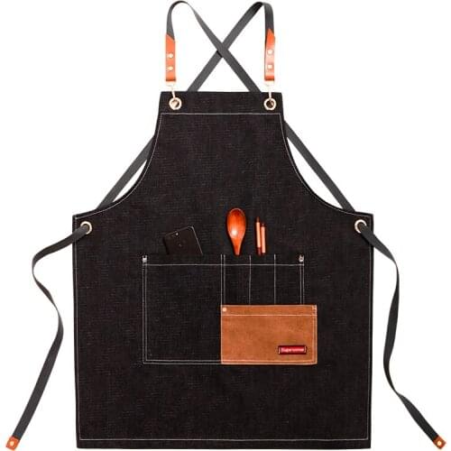 Denim Apron Men and Women Milk Tea Coffee Cake Shop Baking Nail Salon Work Clothes Pocket Pinafore print LOGO NOT Free