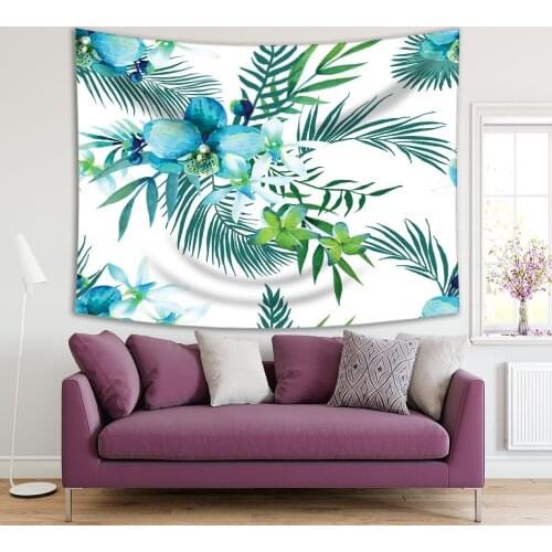Tapestry Tropical Flowers and Palm Leaves Exotic Jungle Beach Summer Holidays Art Printed Blue Green